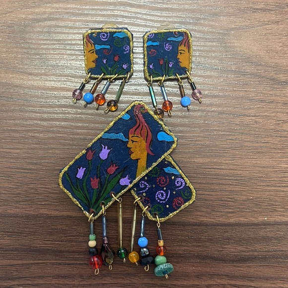 🍄Vintage Hand Painted Genuine Leather Artisan Brooch & Earring Set - Picture 8 of 8